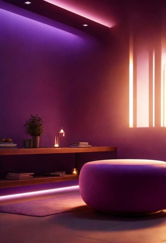 Couch, Light, Purple, Table, Interior Design, Plant