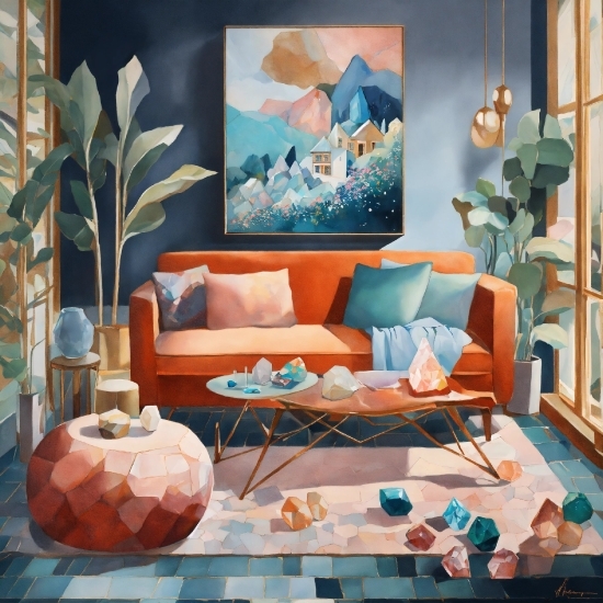 Couch, Picture Frame, Azure, Decoration, Blue, Orange