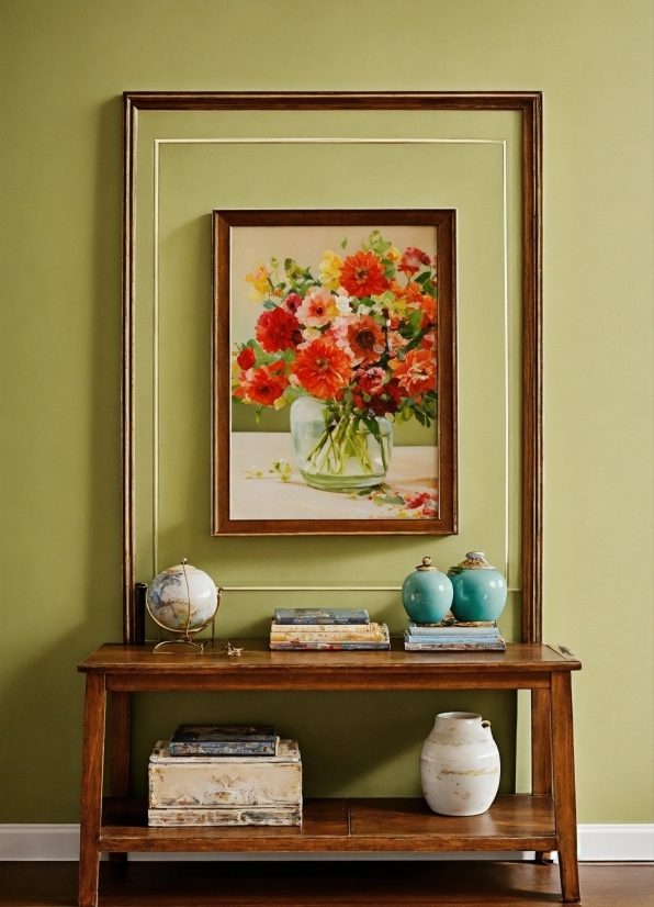 Flower, Plant, Picture Frame, Table, Shelf, Wood