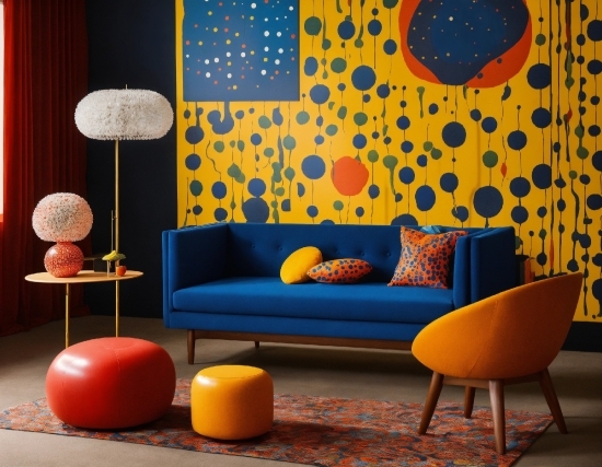 Furniture, Couch, Orange, Blue, Purple, Interior Design