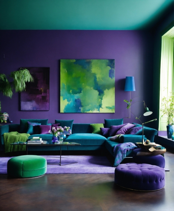 Furniture, Couch, Plant, Green, Purple, Houseplant