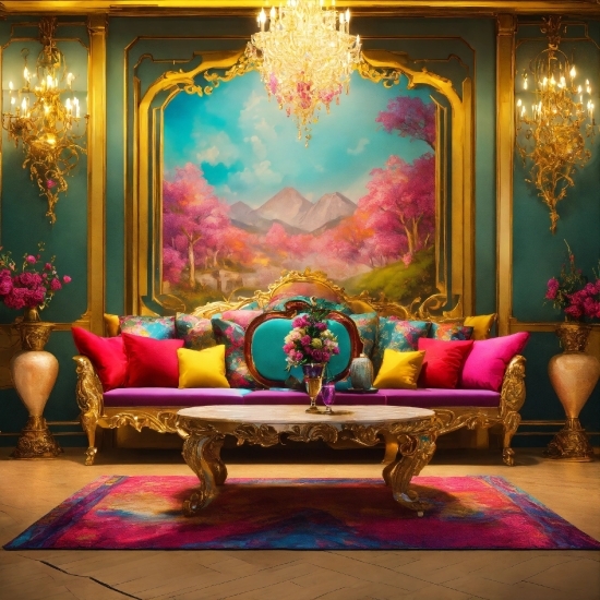 Furniture, Decoration, Building, Couch, Purple, Textile