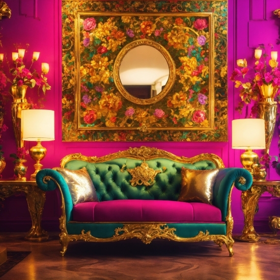 Furniture, Mirror, Decoration, Couch, Purple, Building