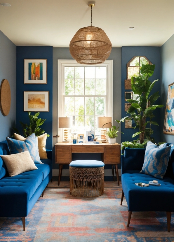 Furniture, Plant, Blue, Window, Green, Table