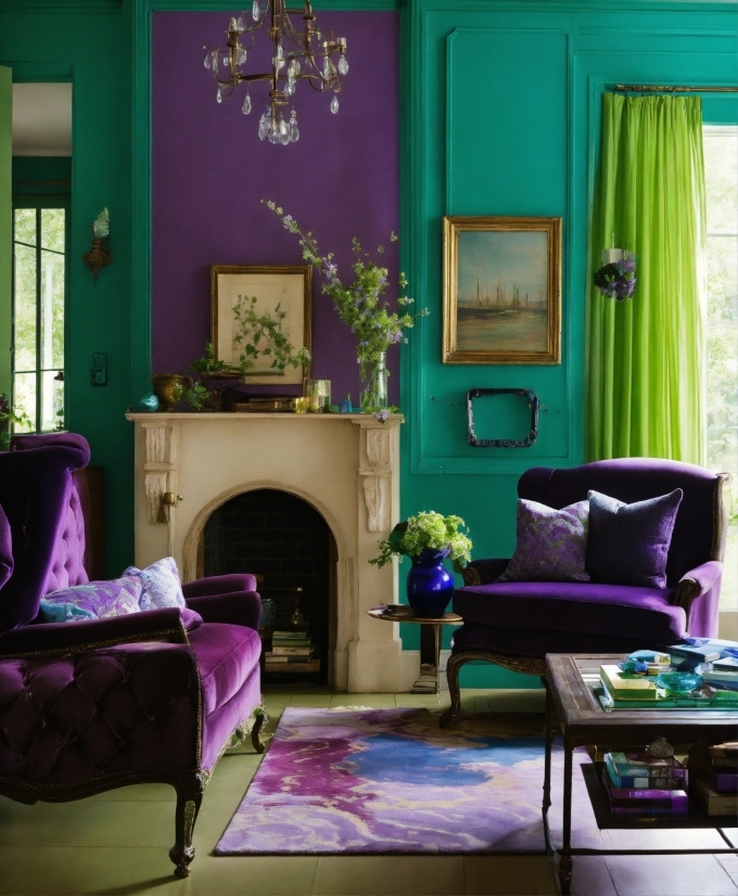 Furniture, Property, Green, Building, Blue, Purple