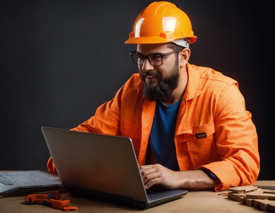 Glasses, Hard Hat, Helmet, Computer, Laptop, Orange