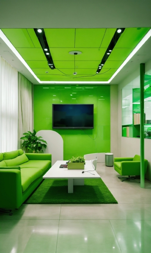 Green, Couch, Building, Television, Interior Design, Living Room