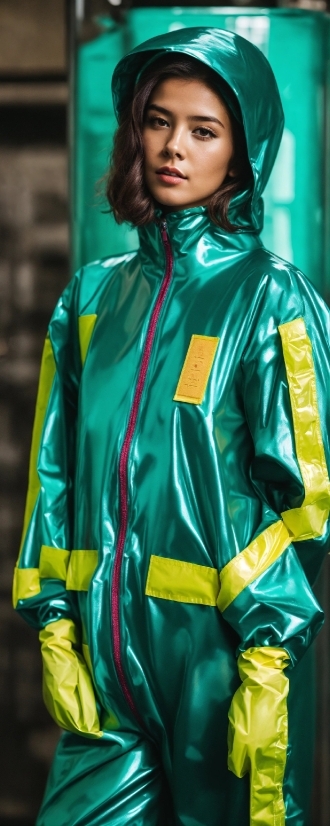 Green, Sleeve, Raincoat, Yellow, Collar, Jacket