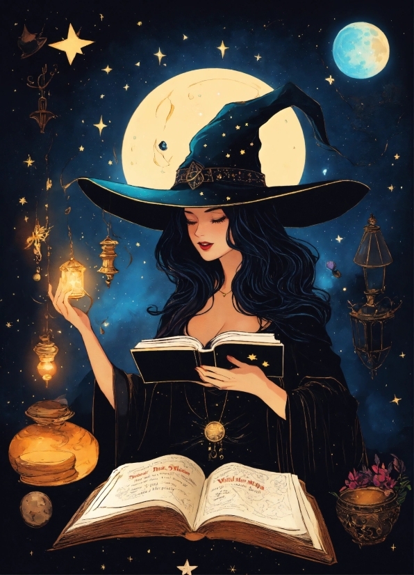 Hat, Book, Moon, Art, Witch Hat, Publication