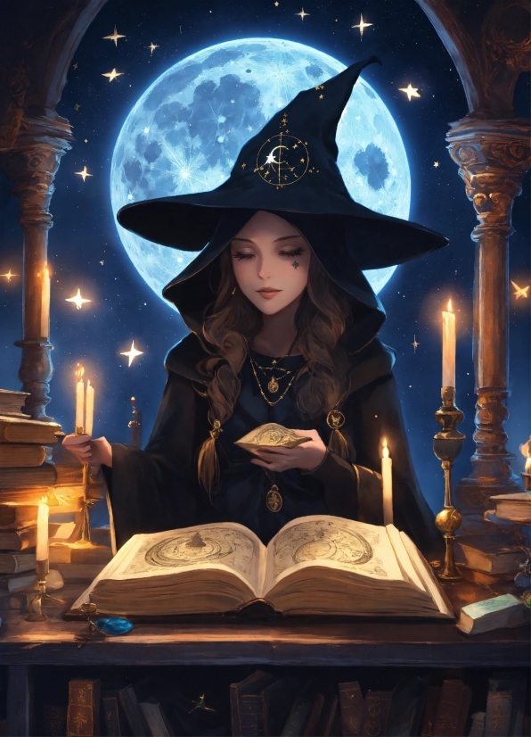 Hat, Witch Hat, Book, Moon, Candle, Publication