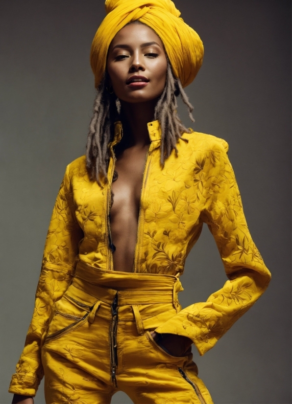 Outerwear, Hairstyle, Sleeve, Yellow, Wig, Fashion Design