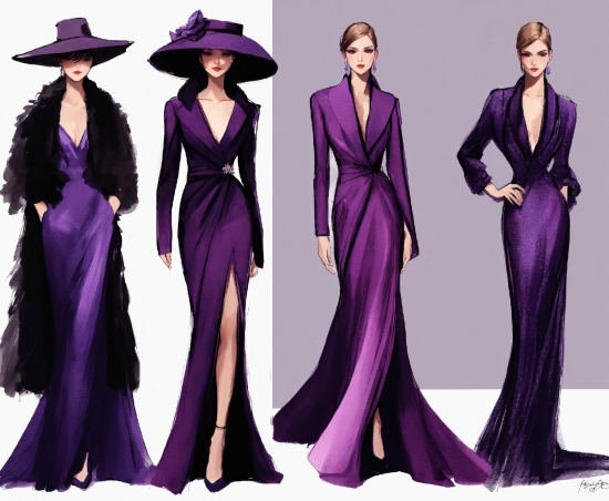 Outerwear, Shoulder, Purple, Hat, Dress, Neck