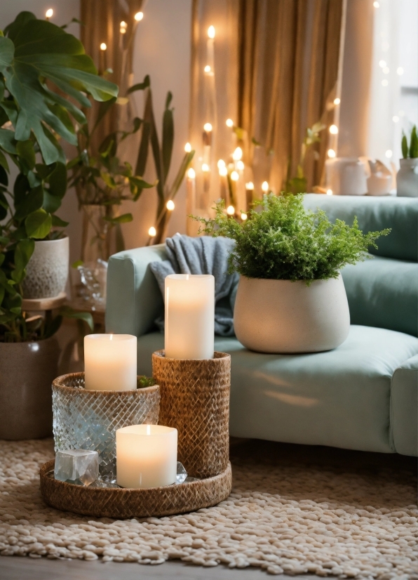 Plant, Couch, Candle, Interior Design, Living Room, Houseplant