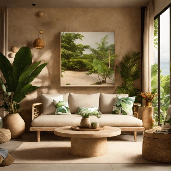 Plant, Interior Design, Shade, Living Room, Wood, Couch