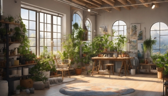 Plant, Window, Table, Houseplant, Building, Flowerpot