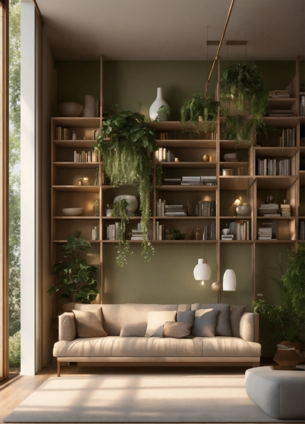 Property, Furniture, Couch, Plant, Bookcase, Shelf