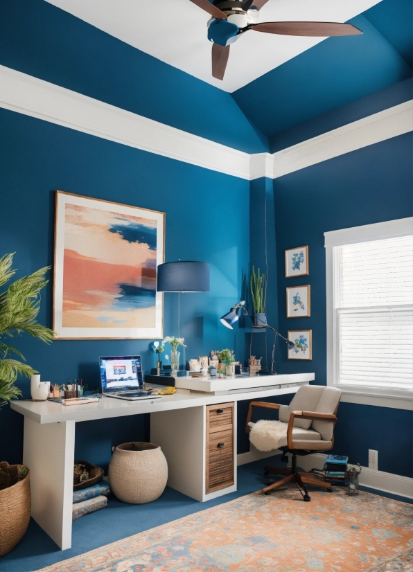 Property, Table, Blue, Azure, Ceiling Fan, Window