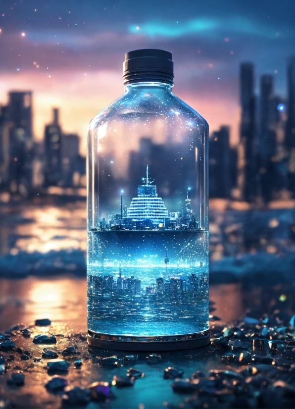 Skyscraper, Bottle, Liquid, Water, Drinkware, Blue