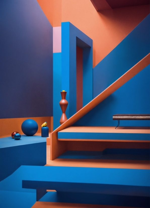 Stairs, Blue, Azure, Wood, Orange, Rectangle
