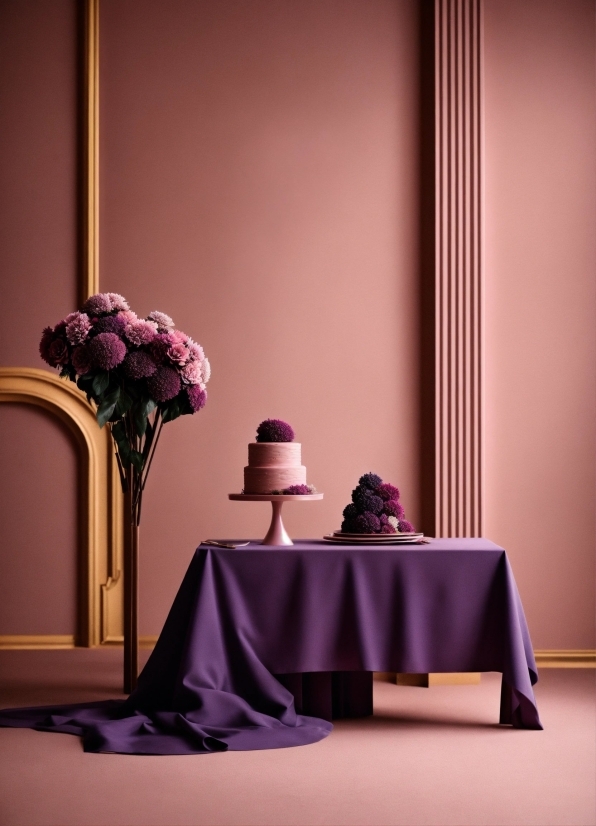 Table, Furniture, Purple, Lighting, Interior Design, Tablecloth