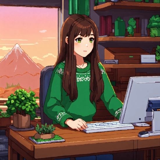 Table, Green, Cartoon, Desk, Plant, Personal Computer