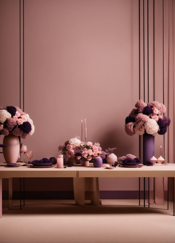 Table, Purple, Interior Design, Plant, Pink, Vase