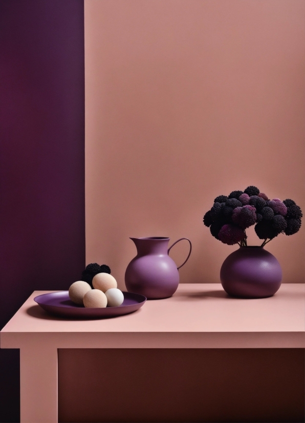 Tableware, Table, Purple, Lighting, Wood, Vase
