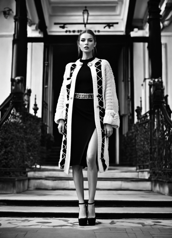 White, Dress, Fashion, Standing, Black-and-white, Style