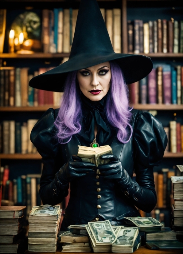 Clothing, Witch Hat, Bookcase, Shelf, Hat, Purple