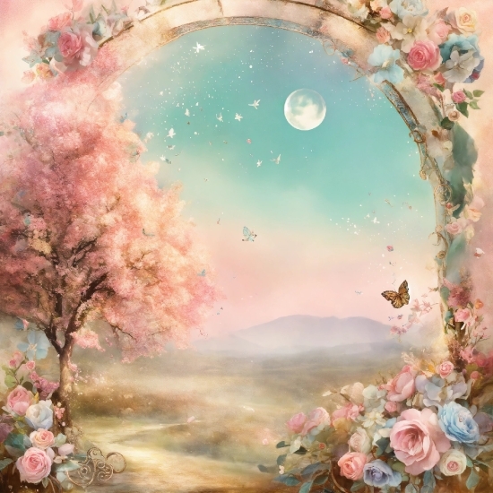 Flower, Plant, Moon, Nature, Sky, Paint