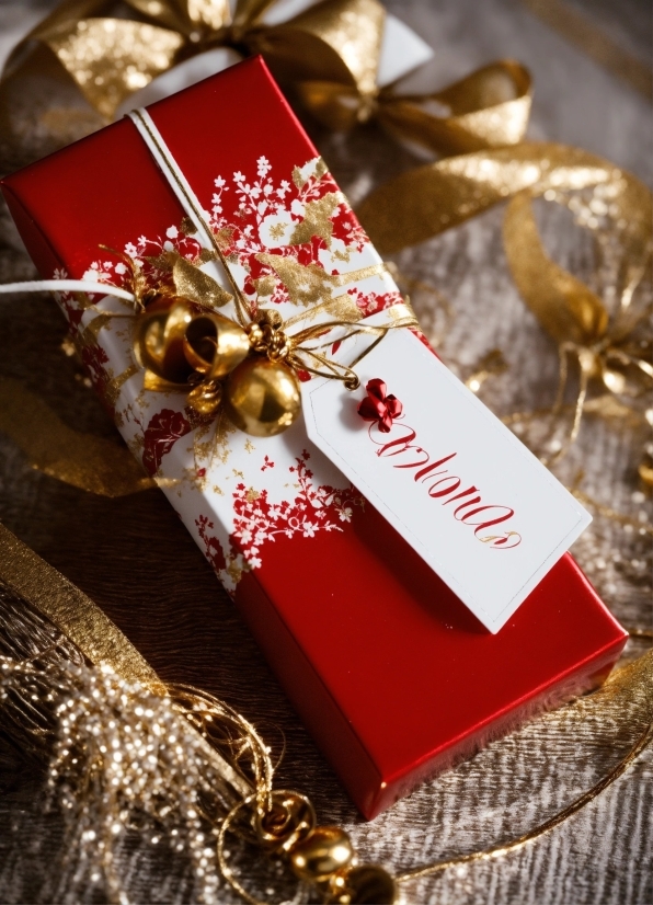Gold, Gift Wrapping, Present, Font, Rectangle, Event