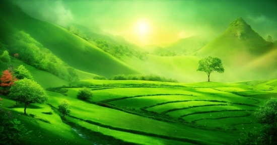 Green, Plant, Natural Landscape, Mountain, Highland, Sunlight
