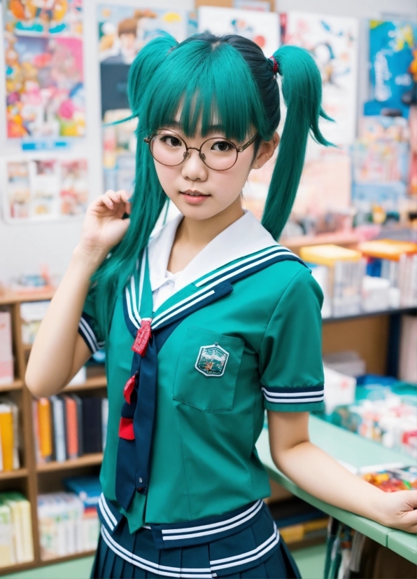 Hairstyle, Arm, Photograph, Bookcase, Green, Azure
