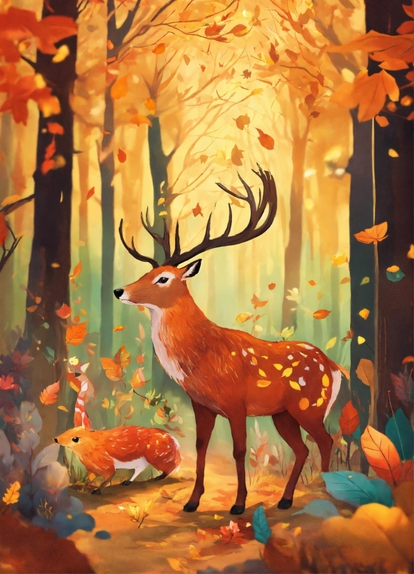 Light, Nature, Deer, Orange, Paint, Painting