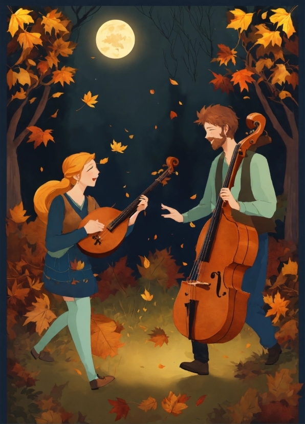 Musical Instrument, Violin Family, Musician, Orange, Painting, Moon