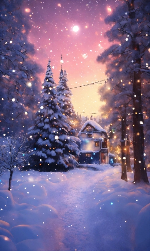 Plant, Sky, Snow, Christmas Tree, Light, Blue