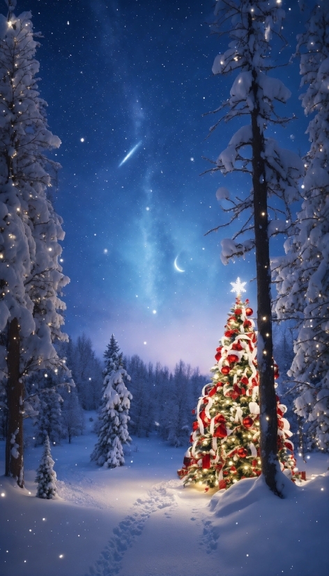 Plant, Sky, Snow, Christmas Tree, Light, Nature