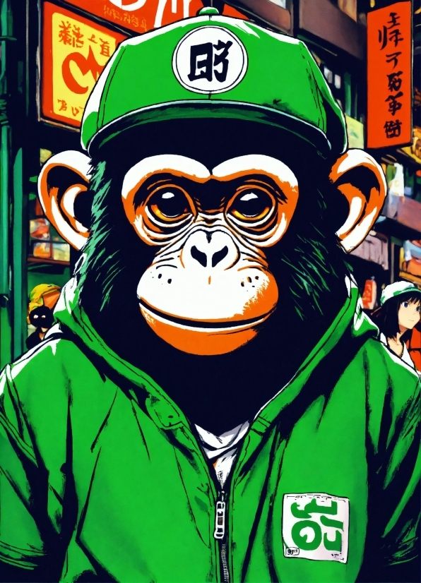 Primate, Green, Jacket, Art, Fictional Character, Font