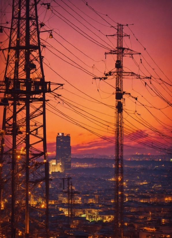Sky, Afterglow, Overhead Power Line, Electricity, Dusk, Transmission Tower
