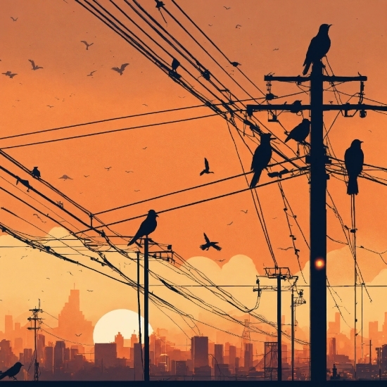 Sky, Bird, Daytime, Afterglow, Orange, Overhead Power Line
