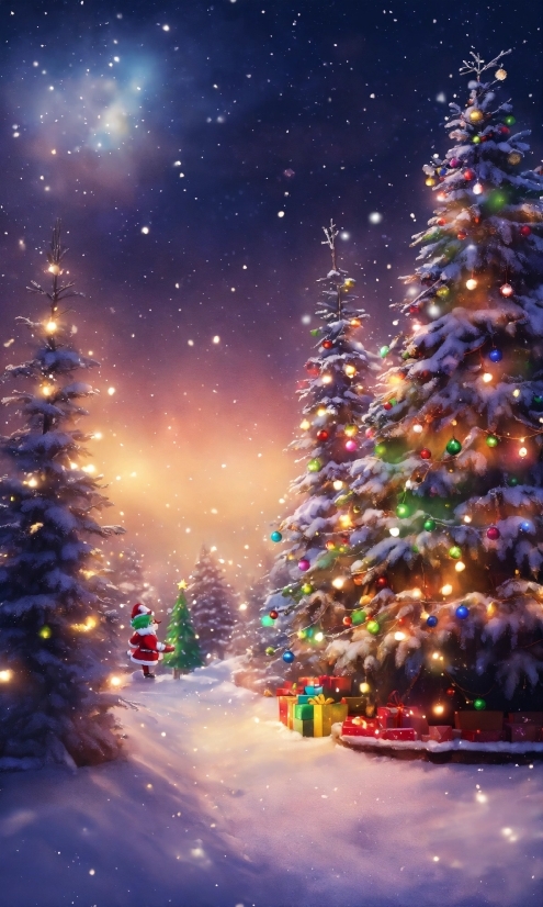 Sky, Christmas Tree, Light, World, Snow, Plant