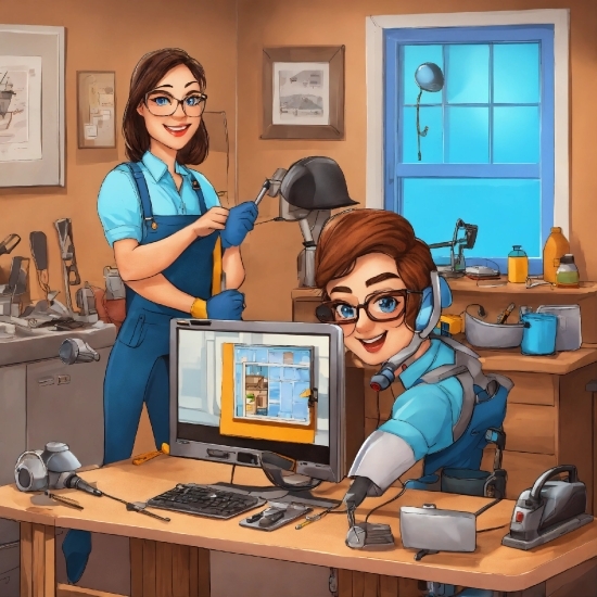 Smile, Glasses, Computer, Table, Picture Frame, Furniture