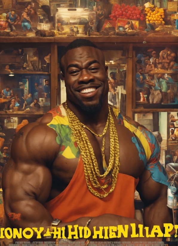 Smile, Hairstyle, Muscle, Temple, Chest, Happy