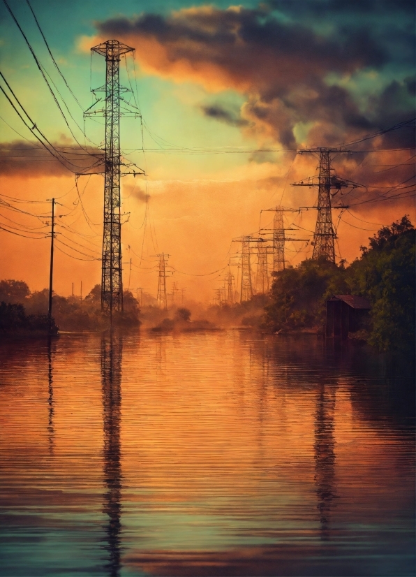 Water, Sky, Cloud, Water Resources, Afterglow, Overhead Power Line