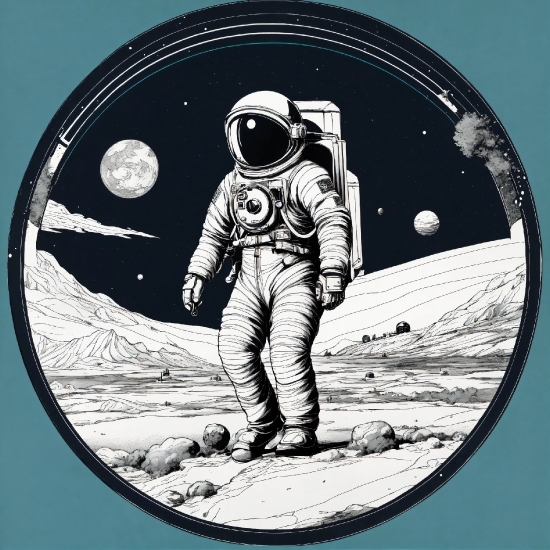 Astronaut, Sleeve, Circle, Font, Astronomical Object, Art