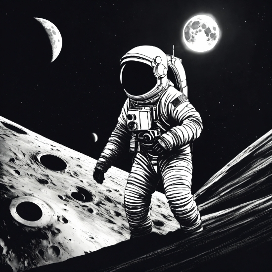 Black, Moon, Astronaut, Black-and-white, Style, Art