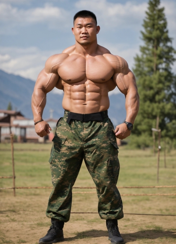 Camouflage, Sky, Cargo Pants, Military Camouflage, Bodybuilder, Muscle