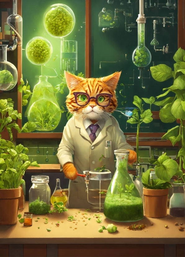 Cat, Green, Plant, Vertebrate, Organism, Flowerpot