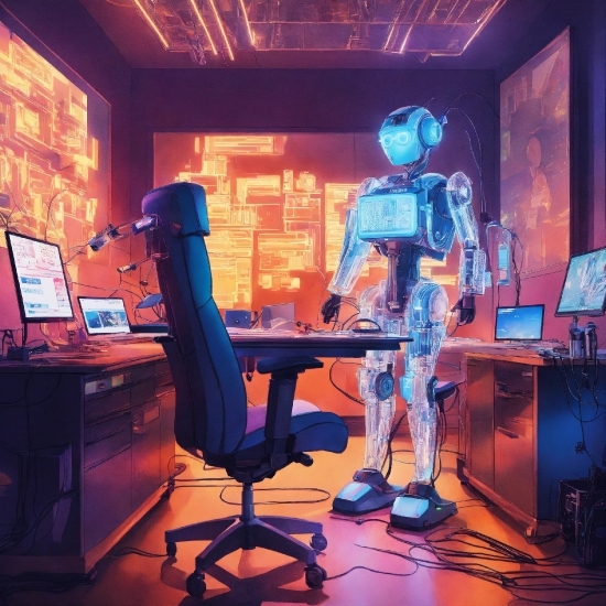 Computer, Personal Computer, Furniture, Table, Building, Blue