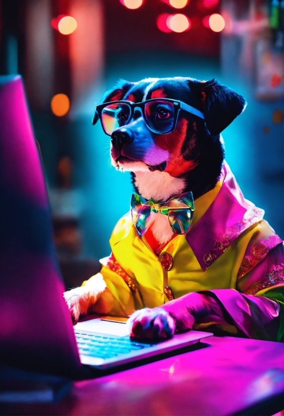 Dog, Light, Purple, Laptop, Lighting, Entertainment